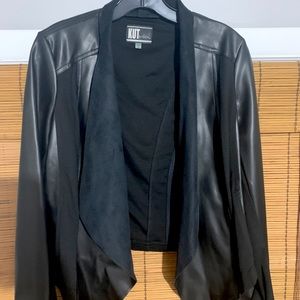 Black Faux Leather Drape-Front Jacket